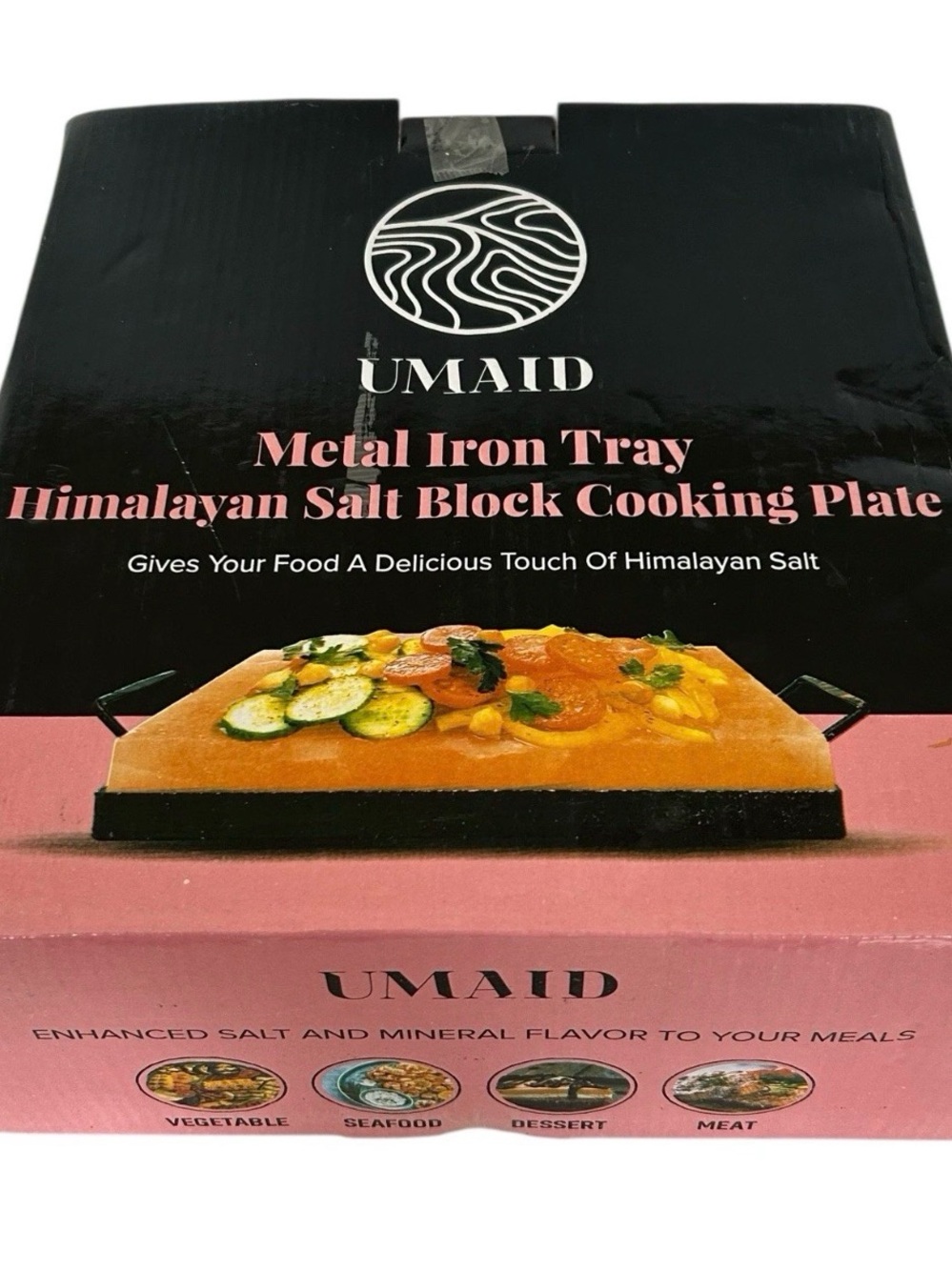 Pink Himalayan Salt Block Cooking Plate with Metal Iron Tray